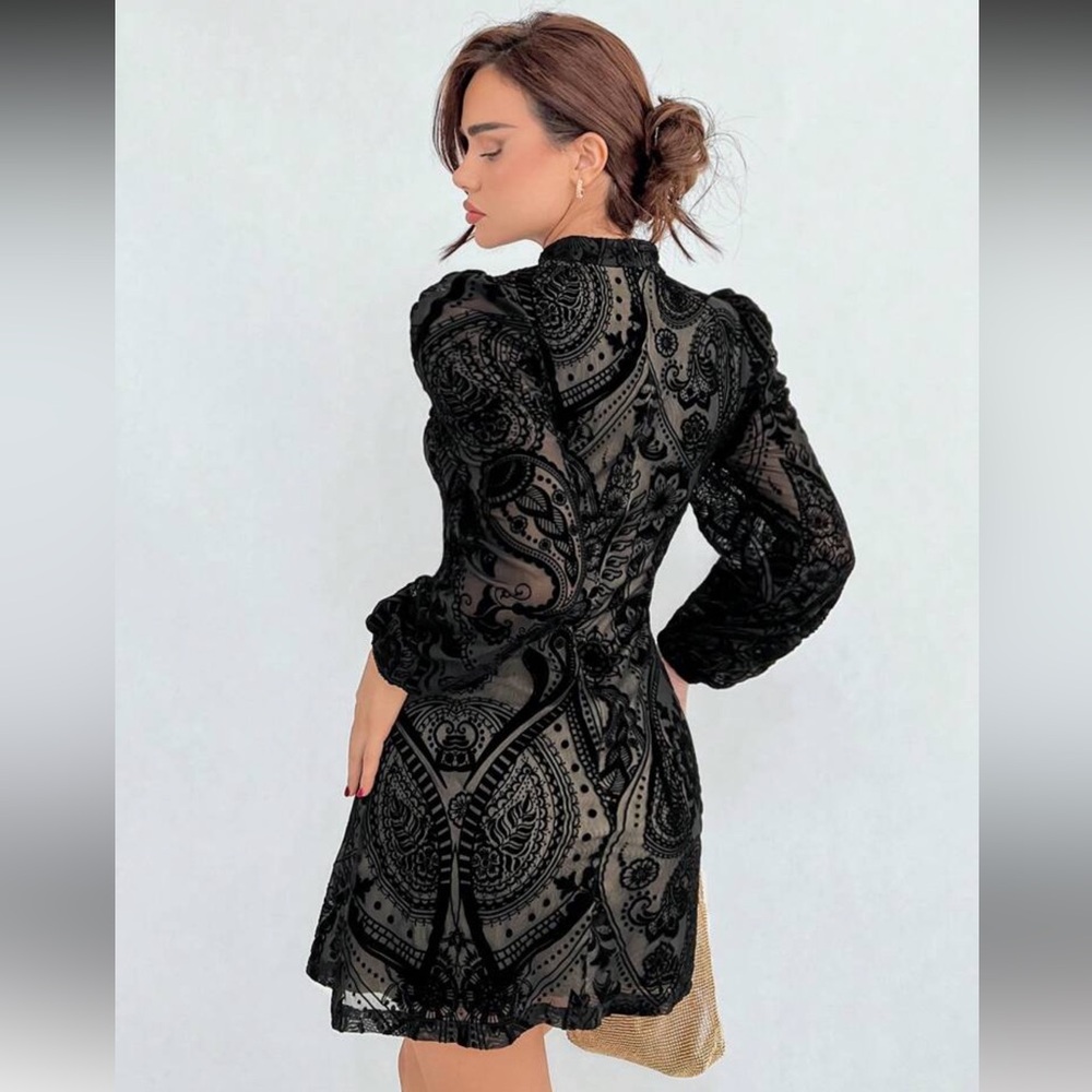 13- NEW Black Velvet Mesh Mini Dress Puff Sleeve Mock Neck Cocktail Party